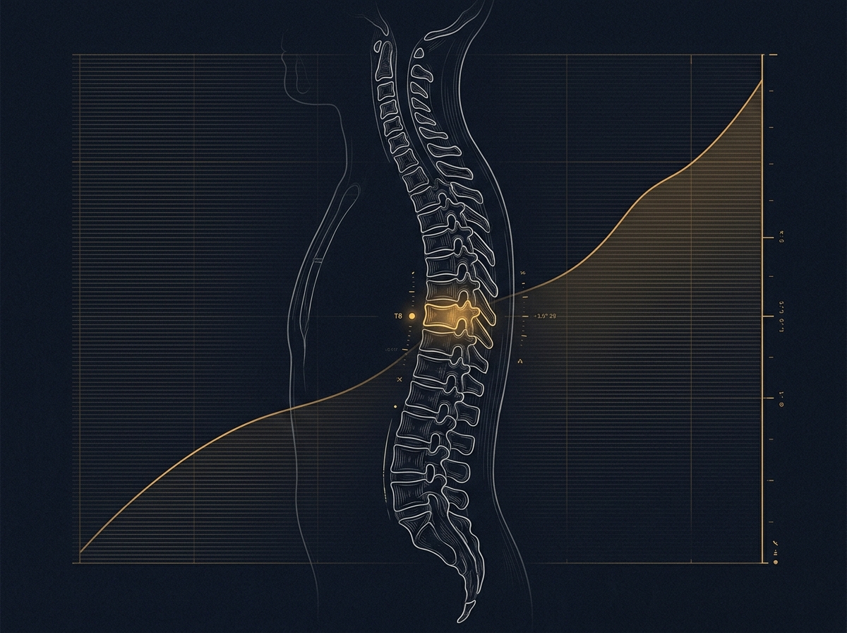 Illustration of a spine scan overlaid with an upward market-opportunity curve